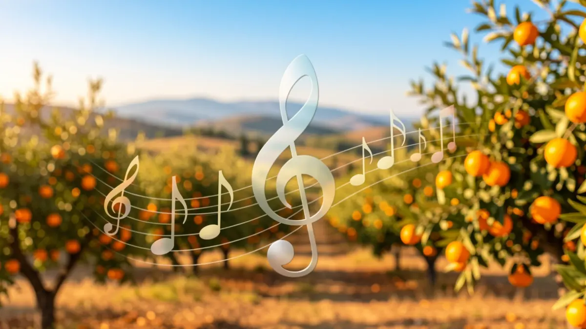 Imatge genèrica de notes musicals i un clau de sol integrats en un paisatge mediterrani.