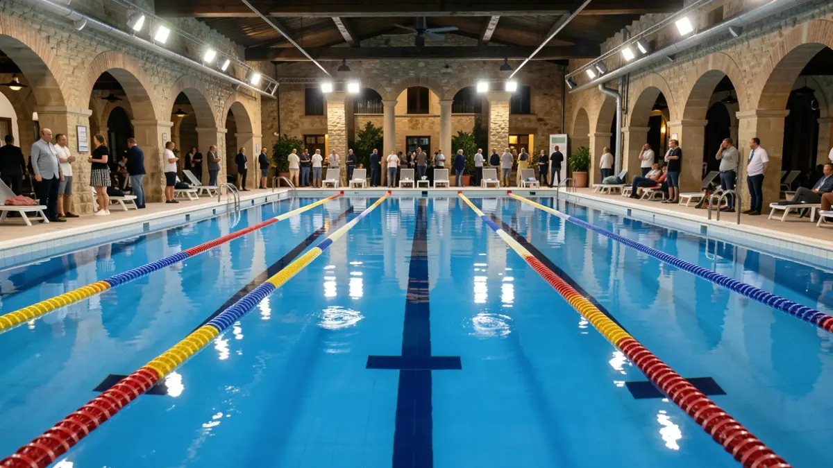 Imagen genérica de una piscina municipal con calles y agua clara.