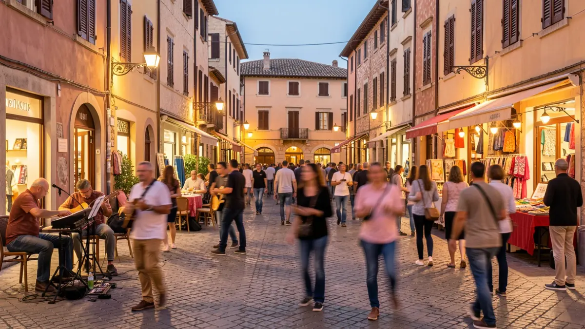 Generic image of a lively street with people enjoying performances and shopping.