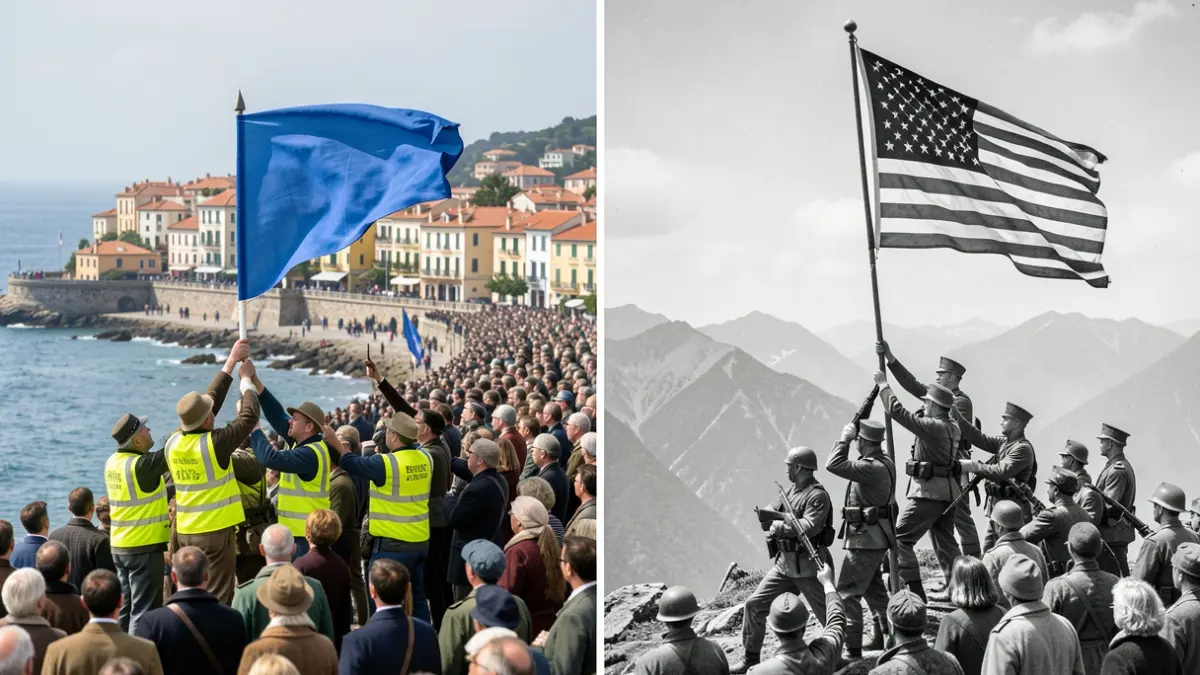 Comparative image of workers raising a flag in Dénia and a historical scene of marines raising a flag on Iwo Jima.