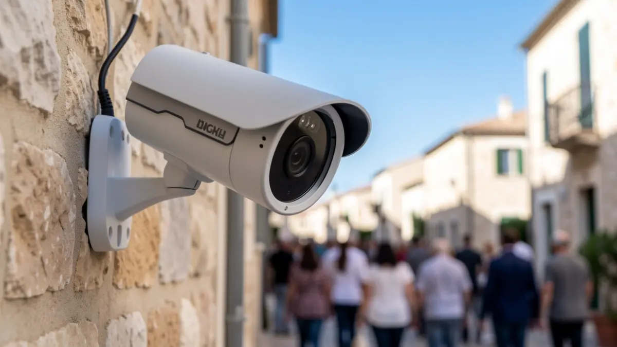 Imatge genèrica d'una càmera de seguretat instal·lada en una paret urbana.