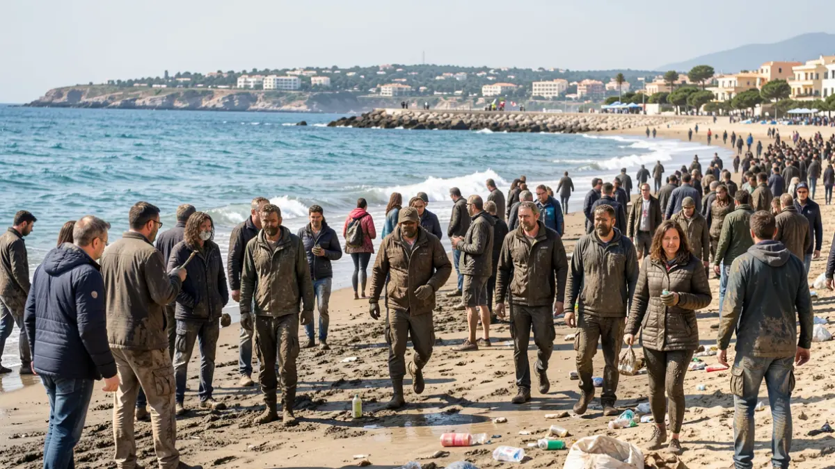 Generic image of protesters covered in mud on a beach.