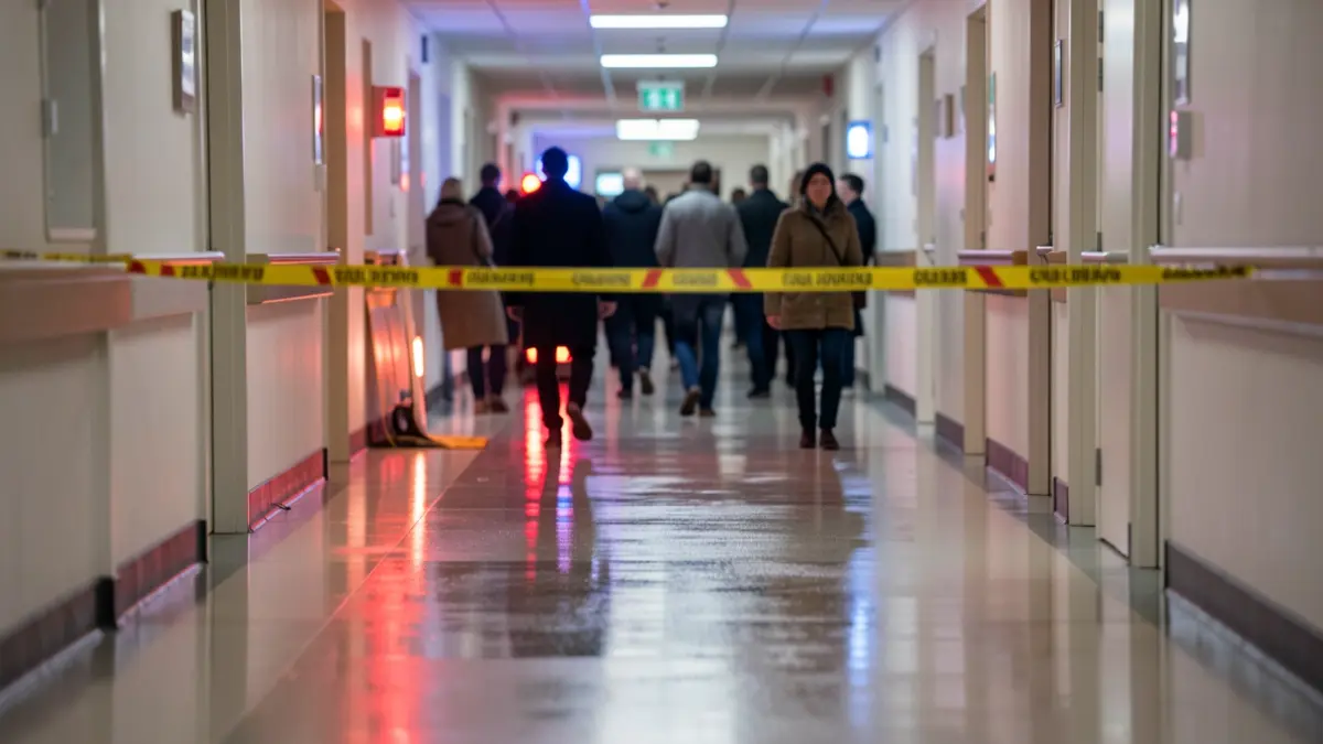 Imagen genérica de un pasillo de hospital con luces de emergencia y suelo mojado.