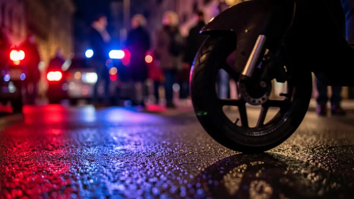 Generic image of emergency lights reflecting on wet asphalt at night.