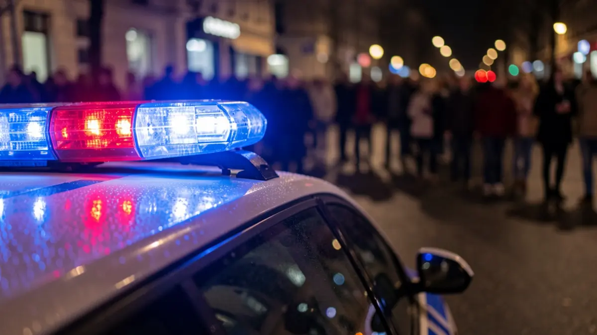 Imagen genérica de luces de emergencia policiales reflejándose en asfalto mojado.