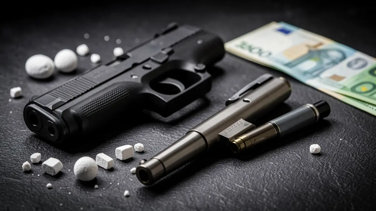 Imagen de una pistola, un arma prohibida y dosis de cocaína.