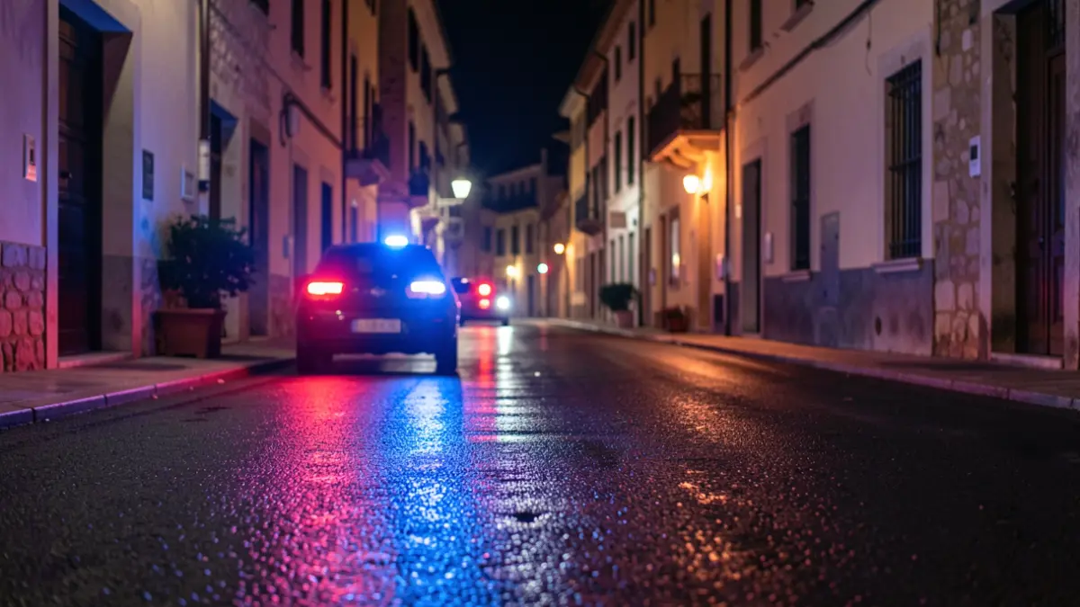 Imatge genèrica de llums d'emergència policials reflectides en l'asfalt durant la nit.