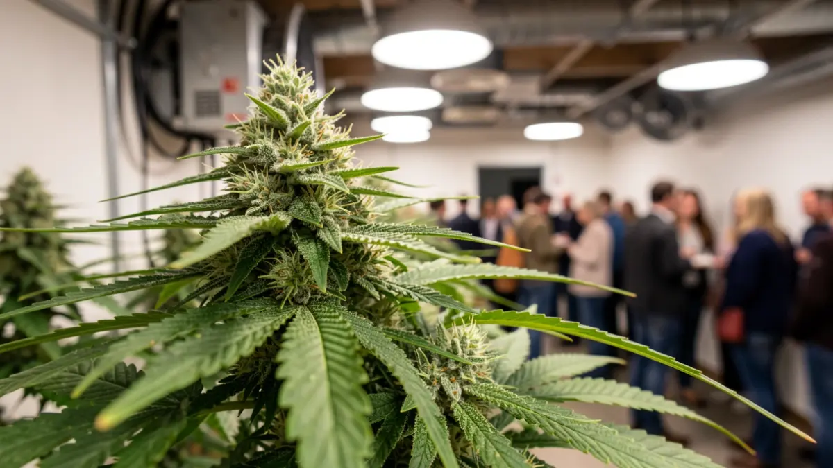 Imagen genérica de plantas de marihuana en estado de floración avanzado, con equipamiento de cultivo interior desenfocado al fondo.