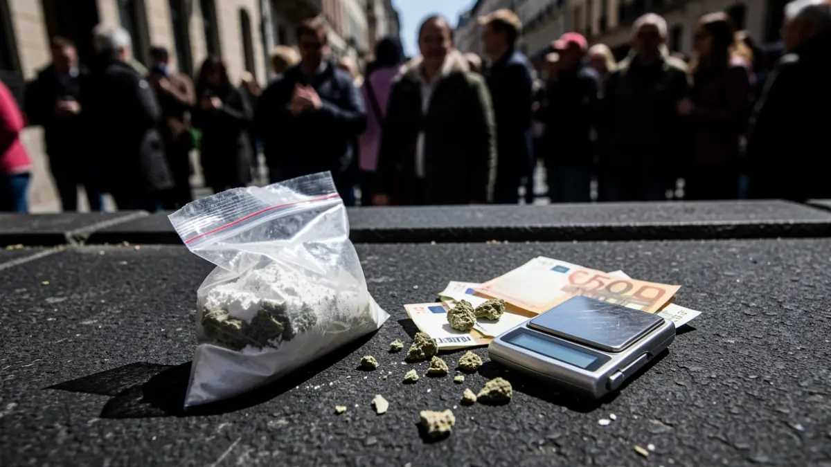 Imatge genèrica de droga, diners i balança de precisió.