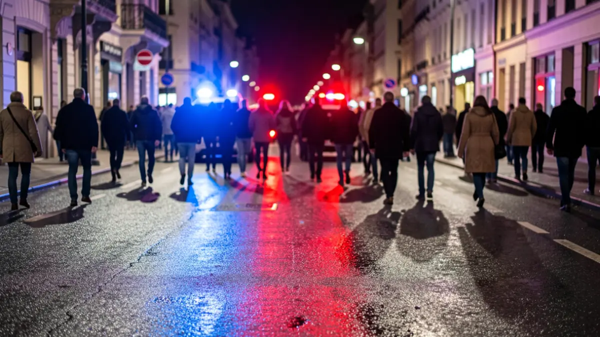 Imatge genèrica de llums d'emergència policial reflectides en l'asfalt.