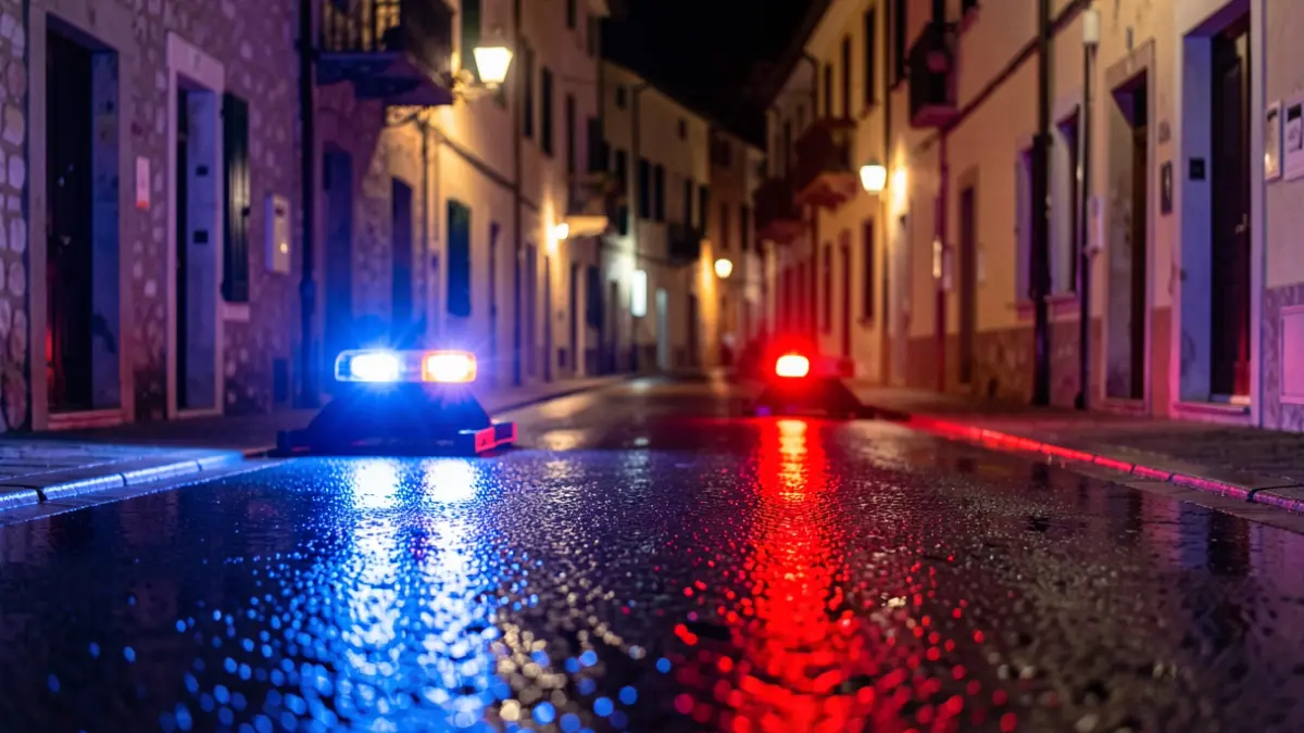 Imagen genérica de luces de emergencia policial reflejadas en el asfalto durante la noche.