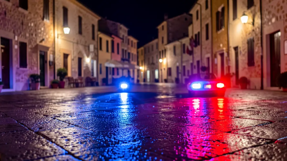 Imagen genérica de luces de emergencia policiales reflejándose en asfalto mojado.