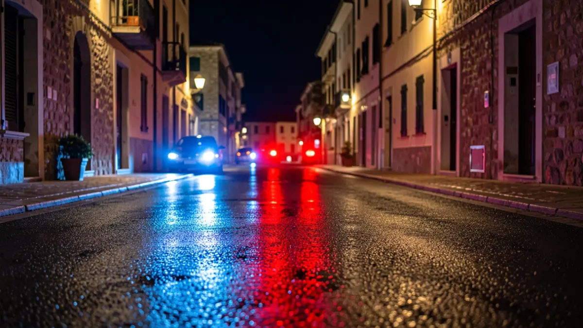 Imatge genèrica de llums d'emergència policials reflectint-se en asfalt mullat a la nit.
