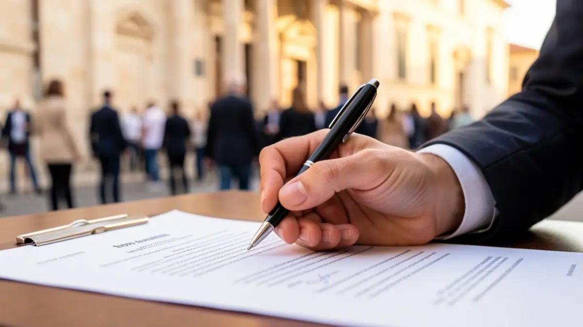 Imatge genèrica d'una mà signant un document oficial.
