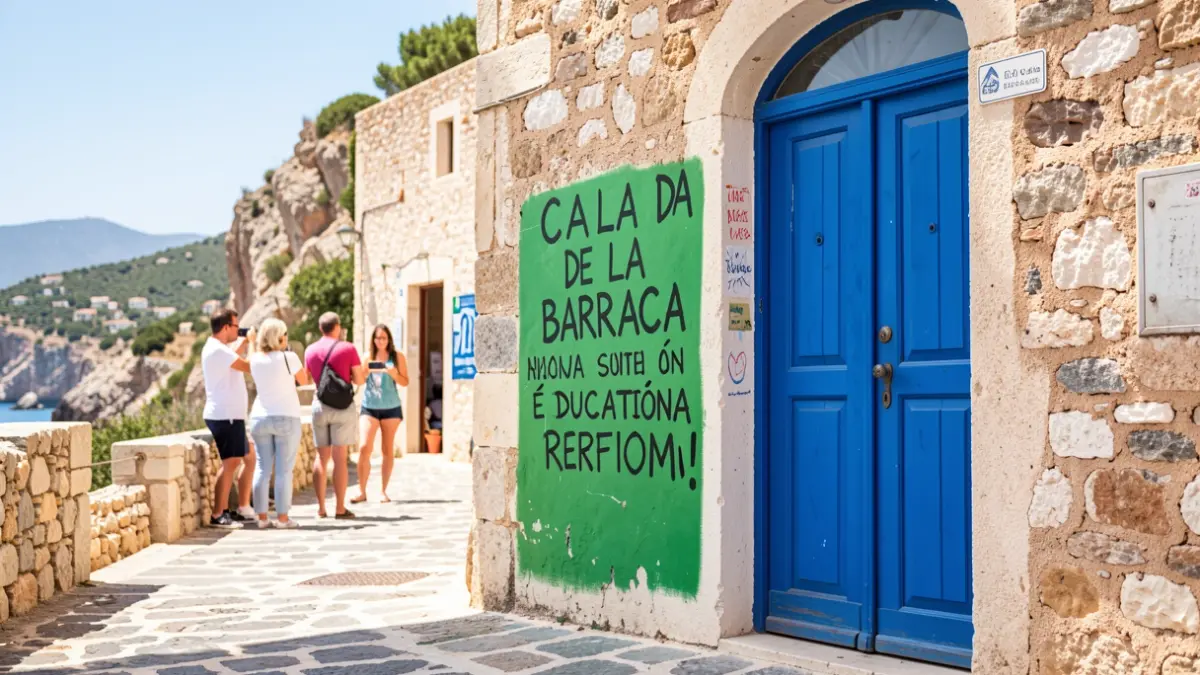 The door of Cala de la Barraca in Xàbia painted green with protest slogans for the educational strike.