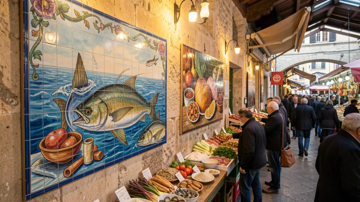 Generic image of two large ceramic murals decorating the interior of a market.