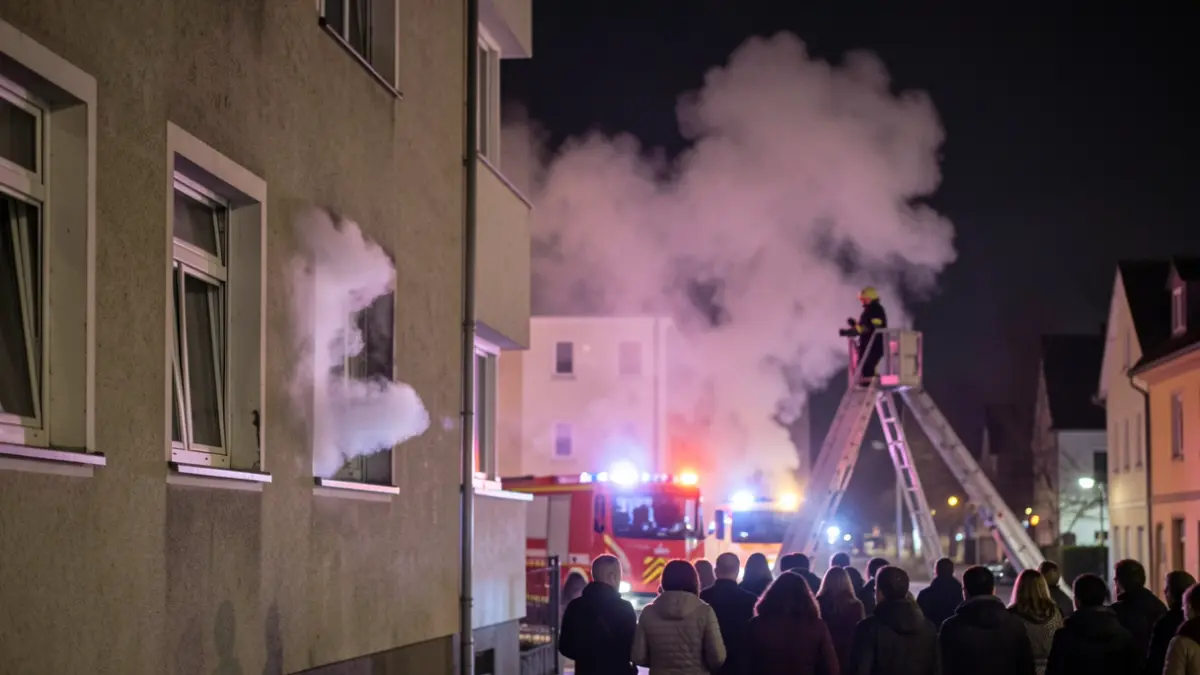 Imagen genérica de un edificio con humo saliendo de una ventana y luces de emergencia.