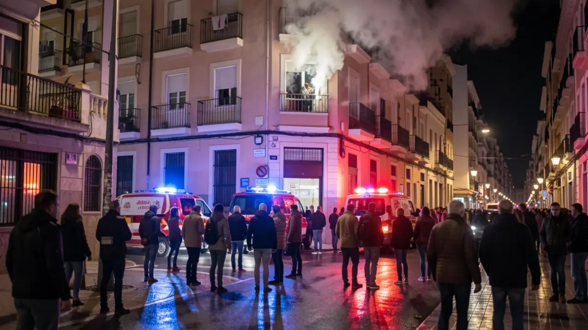 Generic image of a residential building fire in Valencia with emergency lights.
