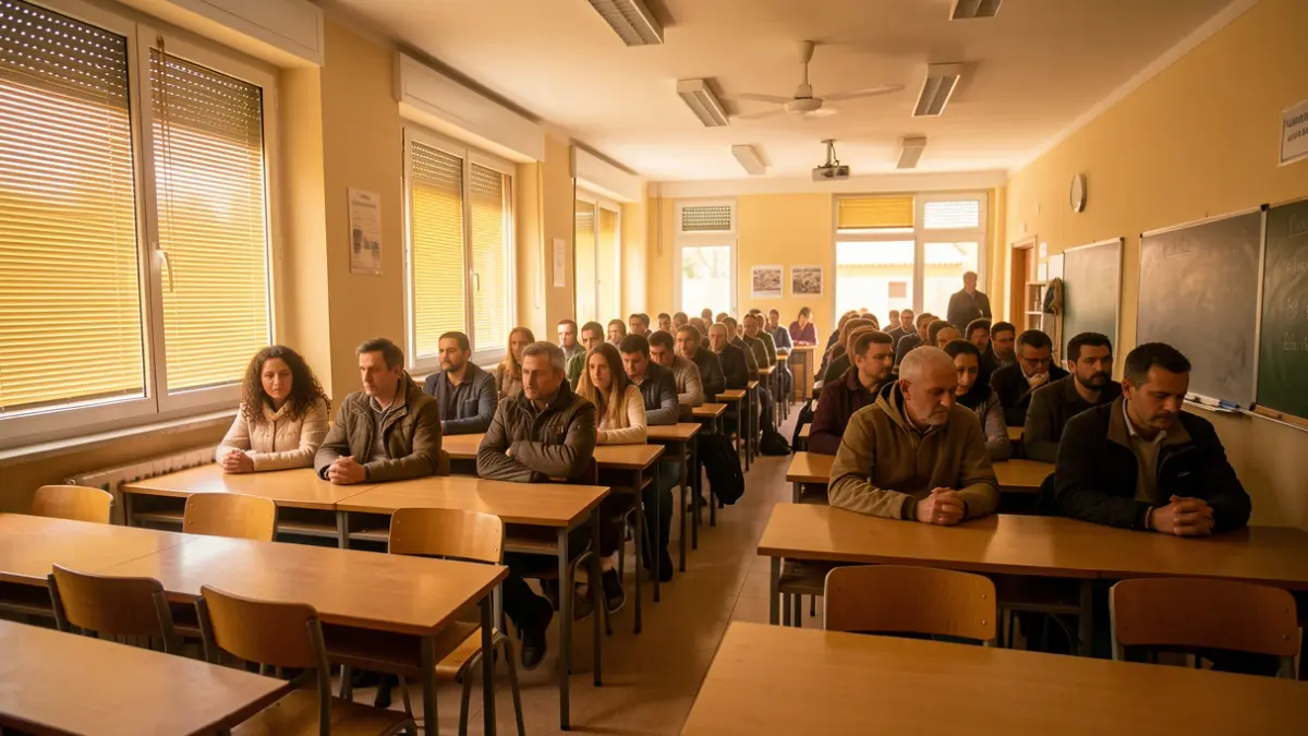 Imatge genèrica d'una aula amb les persianes tancades per la calor.