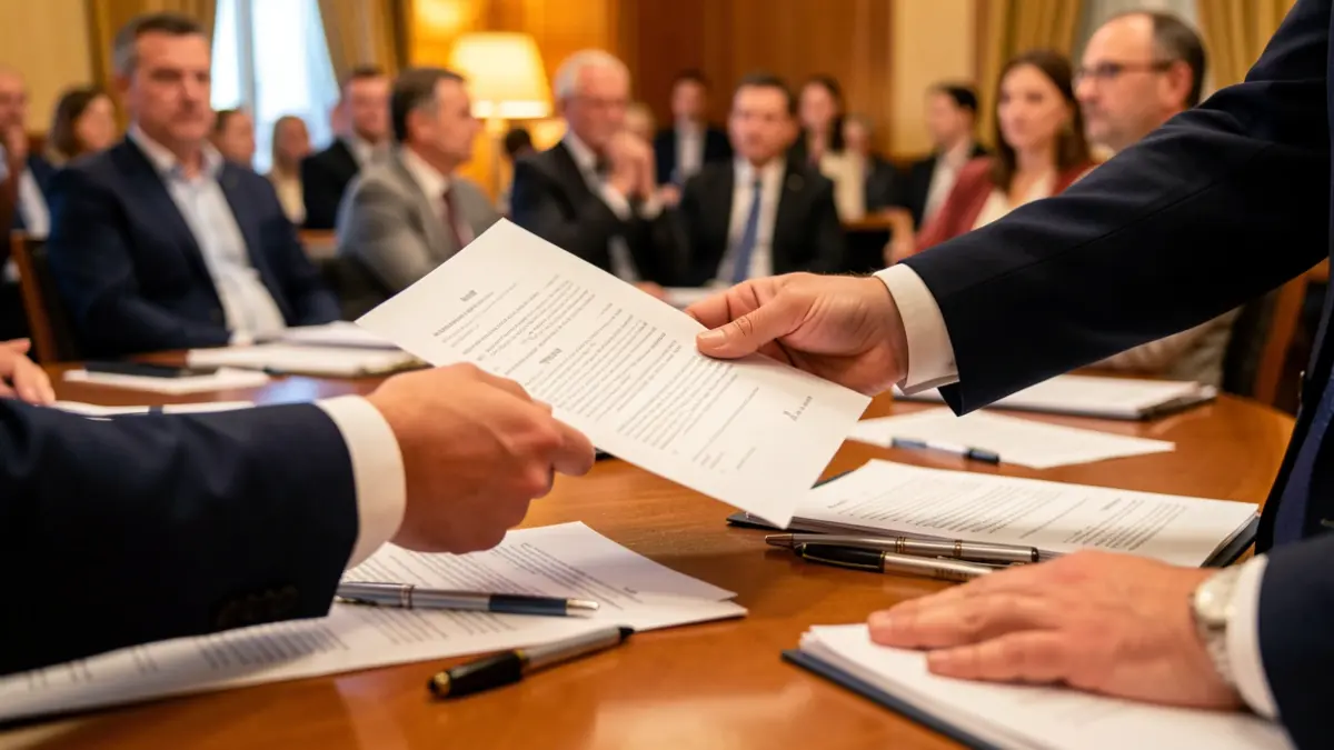Generic image of a negotiation table with documents and pens.