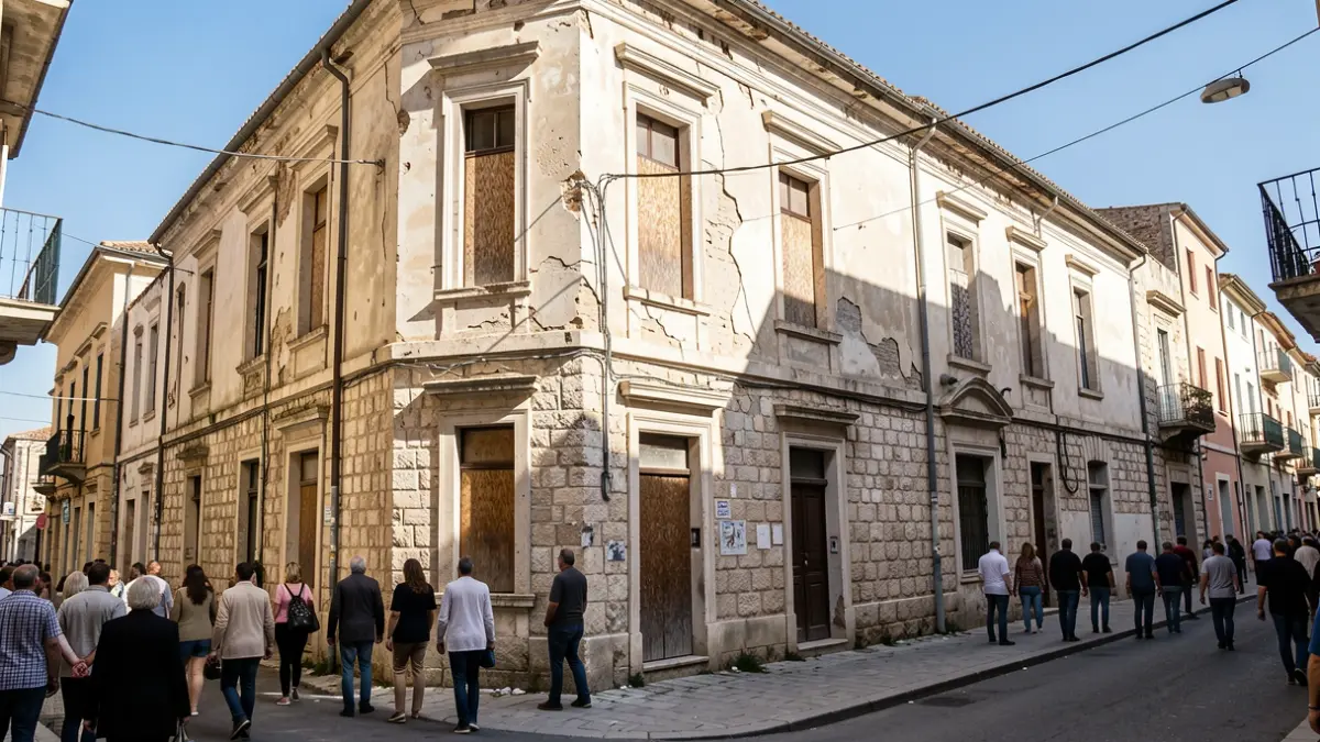 Imagen de la fachada deteriorada del antiguo cine del barrio de Batoi en Alcoy.