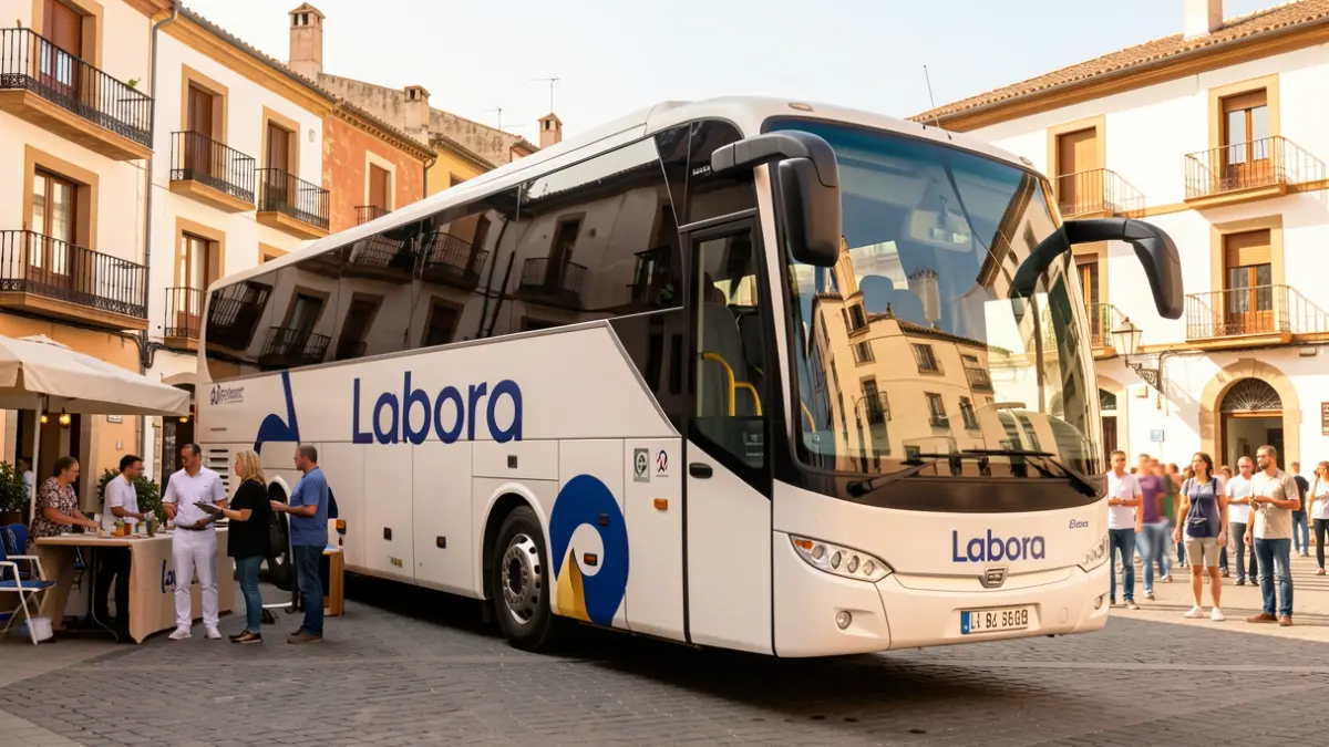 Generic image of a Labora bus in a Valencian town square.