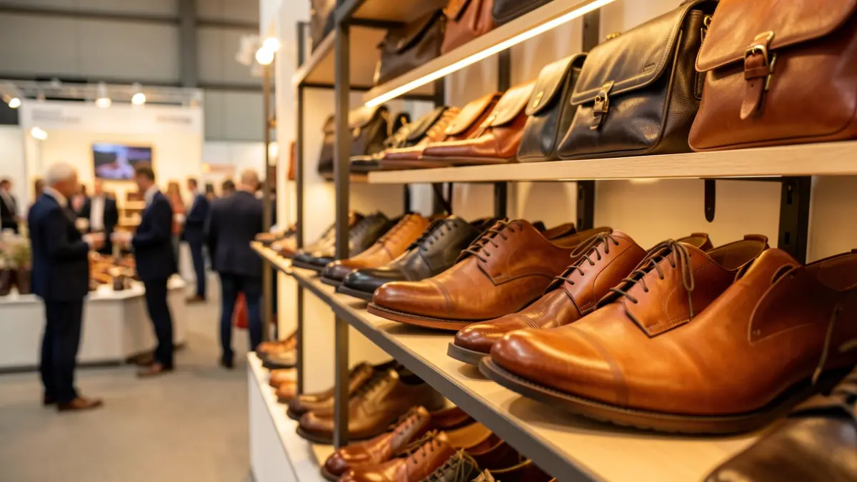 Generic image of shoes and bags displayed at a footwear fair.