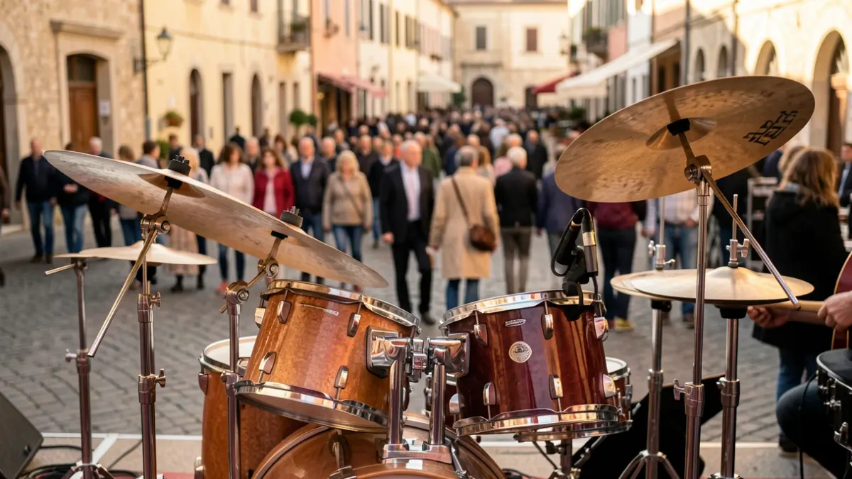 Imagen de una batería en un escenario al aire libre durante un evento cultural en Calp.