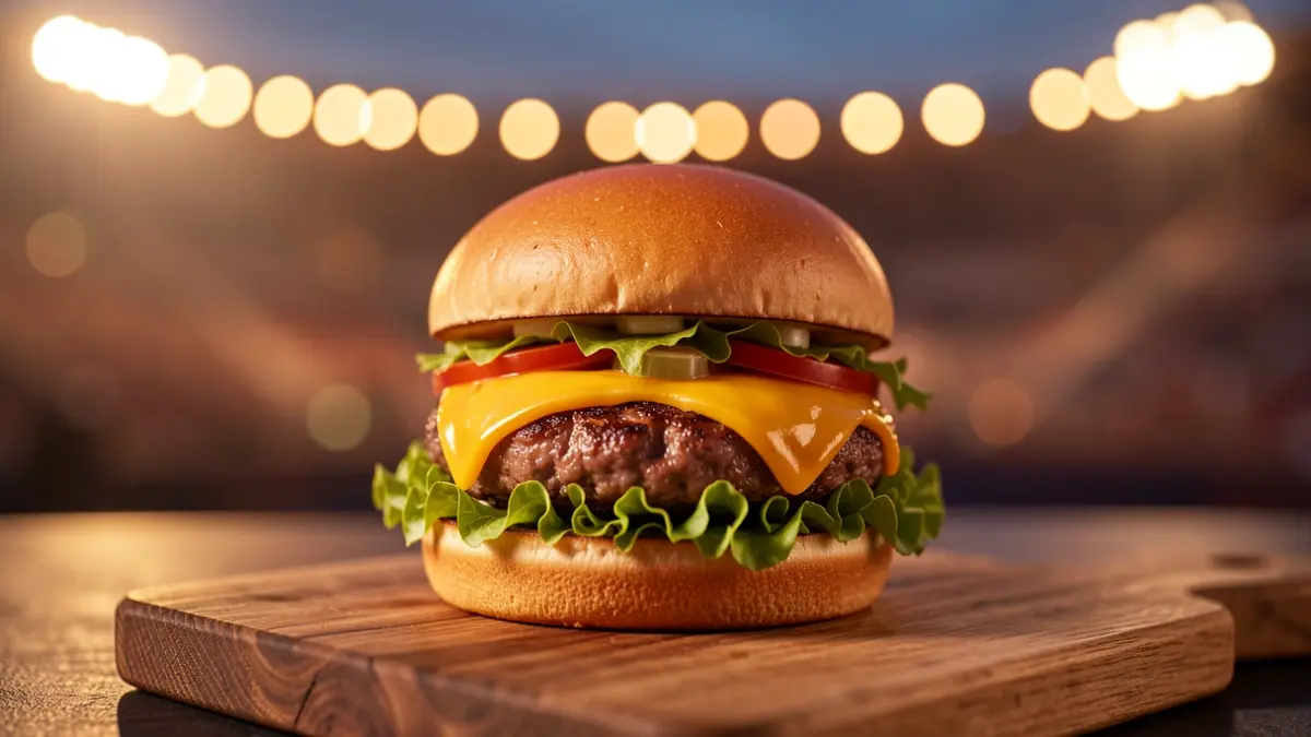 Generic image of a gourmet burger with blurred stadium lights in the background.