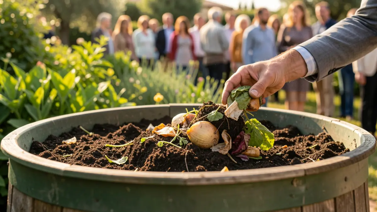 Imagen genérica de un contenedor de compostaje doméstico en un jardín.