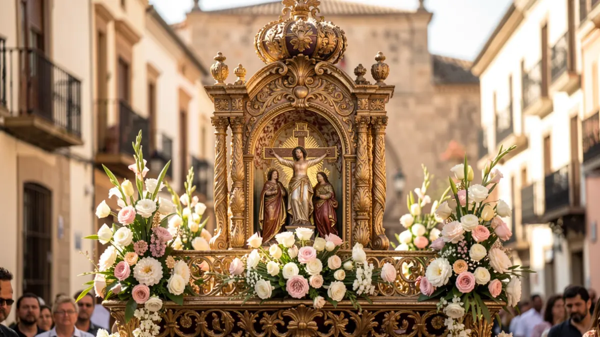 Imagen genérica de una procesión del Corpus de Valencia con elementos religiosos y arquitectura mediterránea.