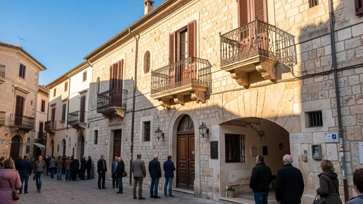 Fachada histórica en una plaza de Valencia durante los preparativos del Corpus.