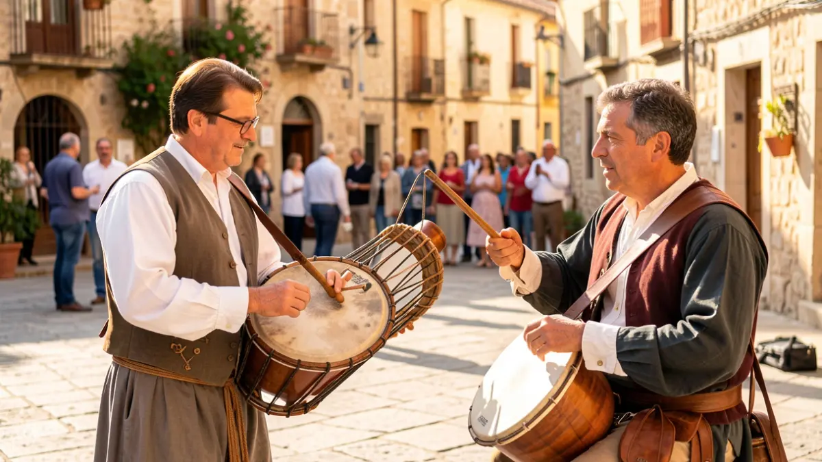 Generic image of a dolçaina and tabal playing in a Valencian village square.