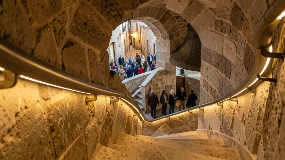 Imatge genèrica d'una escala de caragol interior amb un nou passamanos il·luminat.