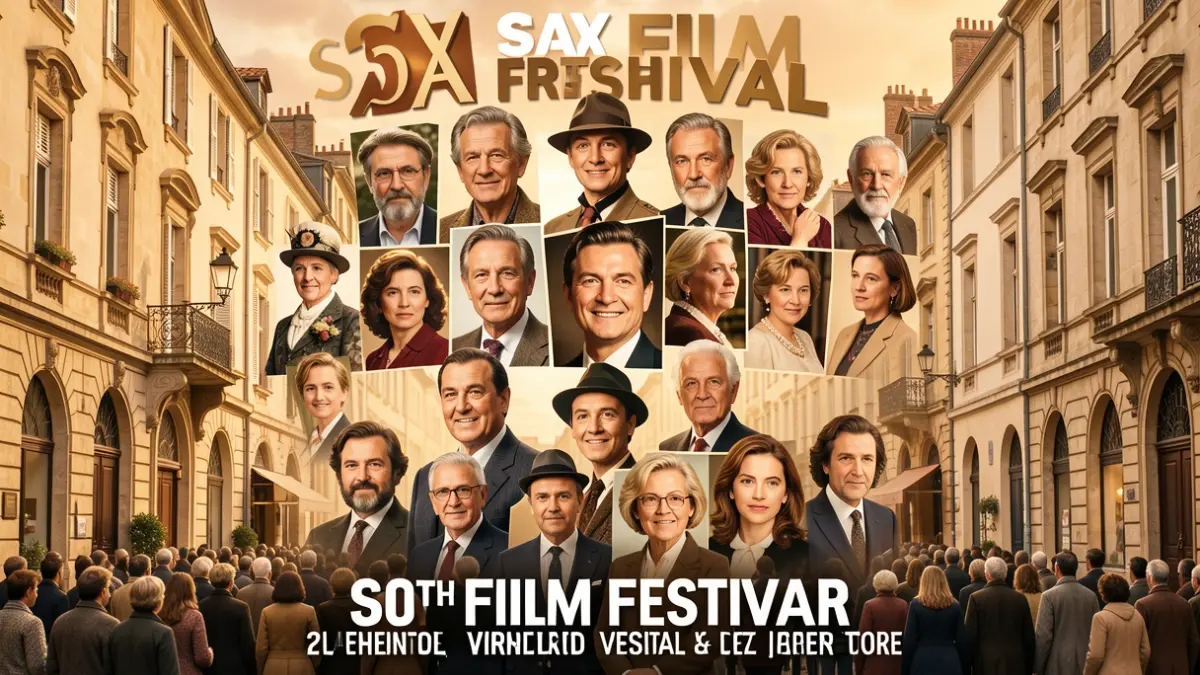 Cartel conmemorativo del 20 aniversario del Festival de Cine de Sax con personalidades del cine y arquitectura local.