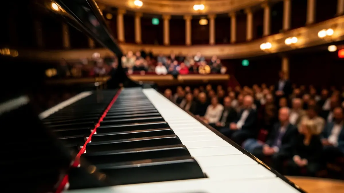 Generic image of piano keys on a concert stage.