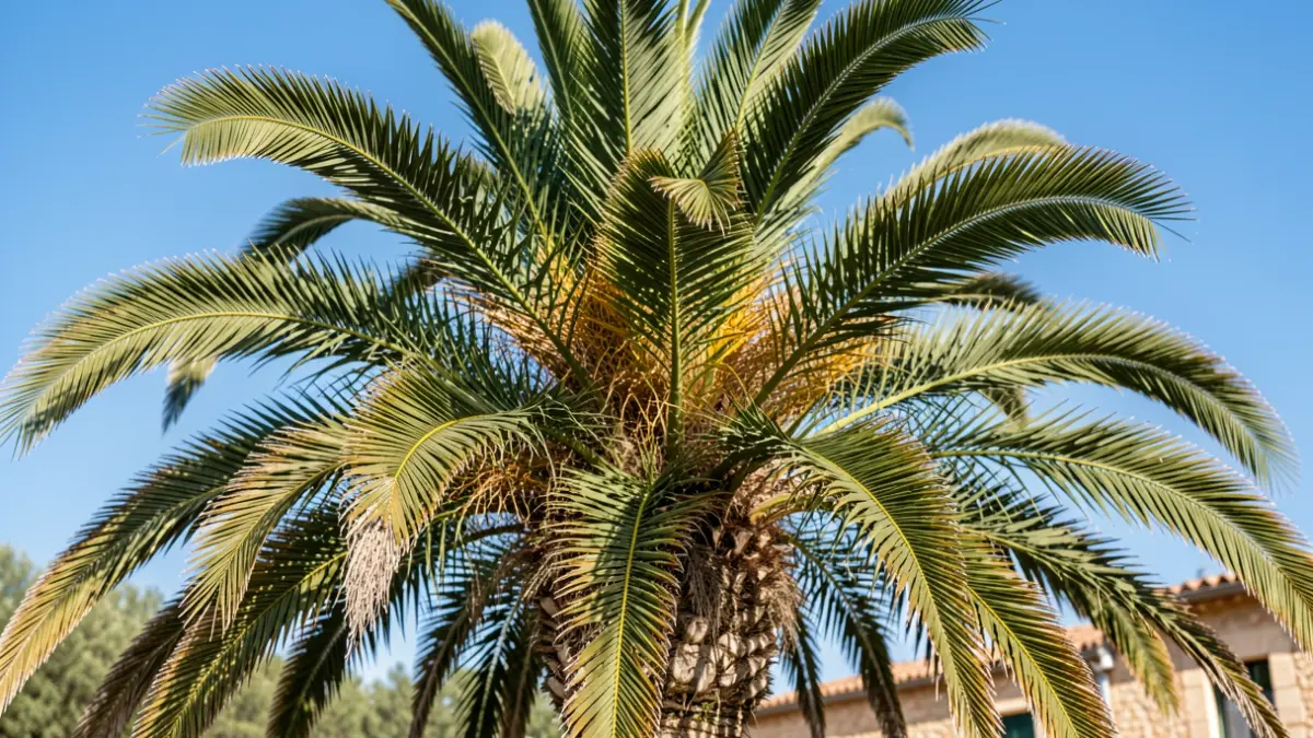 Detall de la copa d'una palmera amb fulles podades amb cura, en un entorn mediterrani.