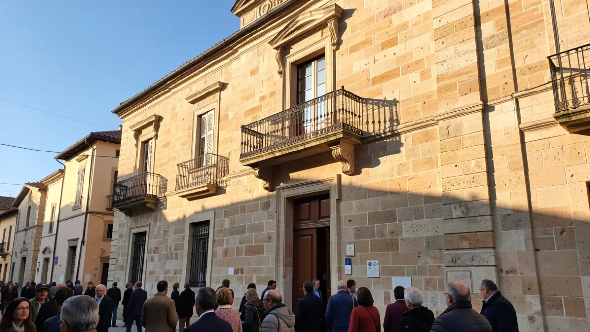Imagen genérica de la fachada de un ayuntamiento mediterráneo con balcón y barandillas de hierro, luz cálida de la tarde.