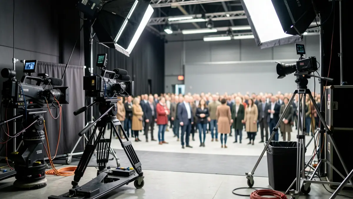 Generic image of a professional film studio with lighting equipment and cameras.