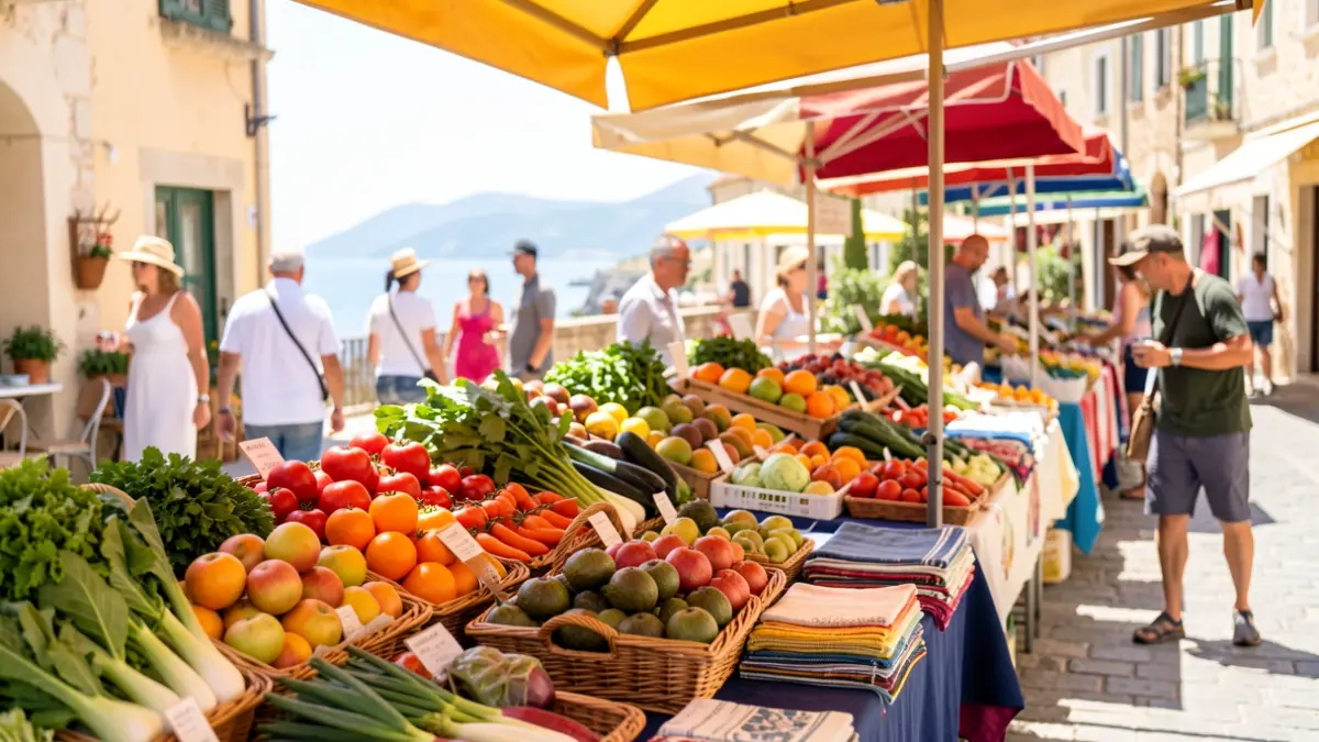 Imagen genérica de un mercado de verano con puestos de productos frescos y textiles.