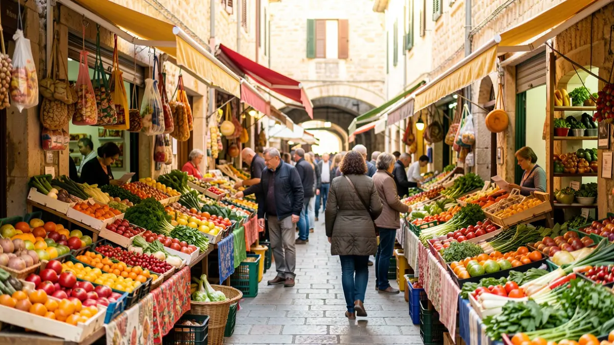 Imatge genèrica d'un mercat municipal mediterrani amb parades plenes de productes.
