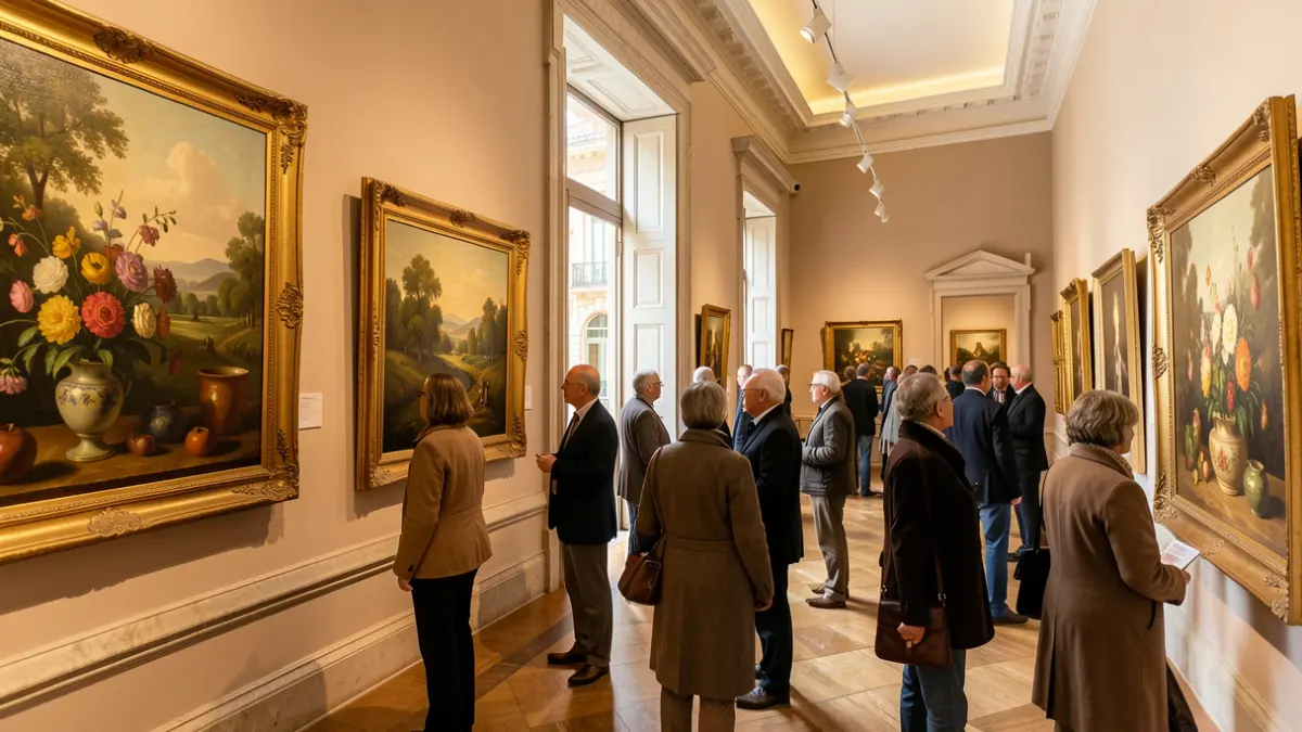 Imatge genèrica d'una sala d'exposicions del Museu de Belles Arts de València amb pintures de paisatges i flors.