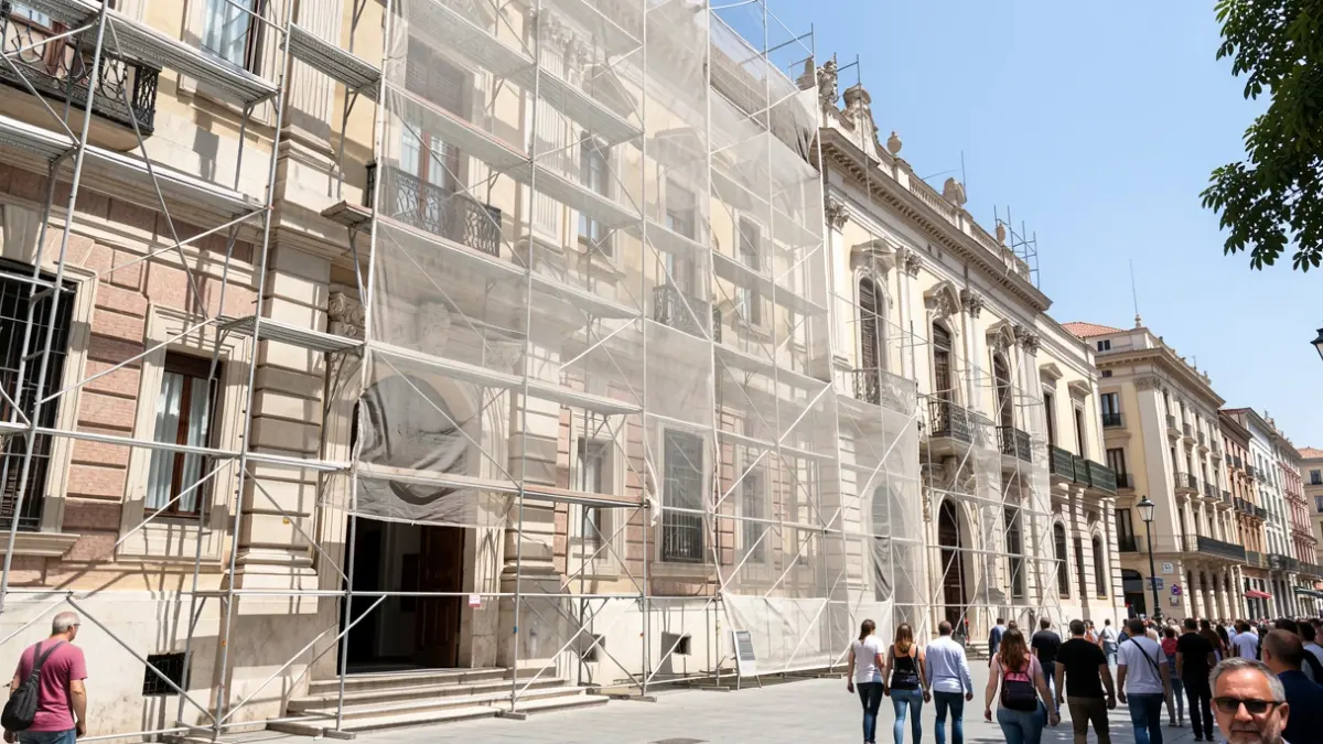 Generic image of the facade of the Palacio del Marqués de Dos Aguas, partially covered by construction.
