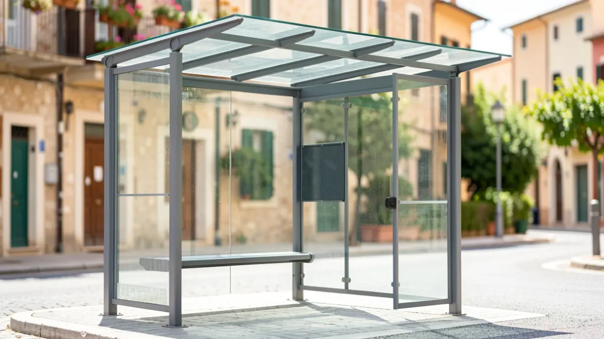 Generic image of a modern bus stop shelter in a Mediterranean urban setting.