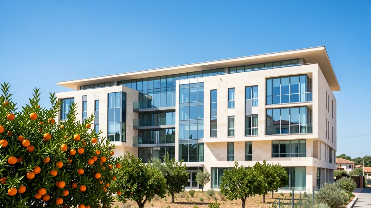 Imagen de la fachada del nuevo Hospital General de Ontinyent con arquitectura moderna y entorno mediterráneo.