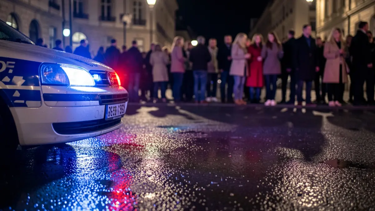 Generic image of police emergency lights reflecting on wet asphalt at night.