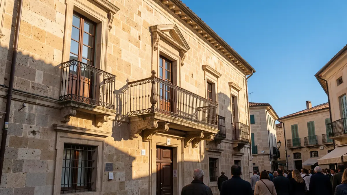 Imatge genèrica d'un ajuntament mediterrani amb balcó i baranes de ferro, il·luminat pel sol de la vesprada.