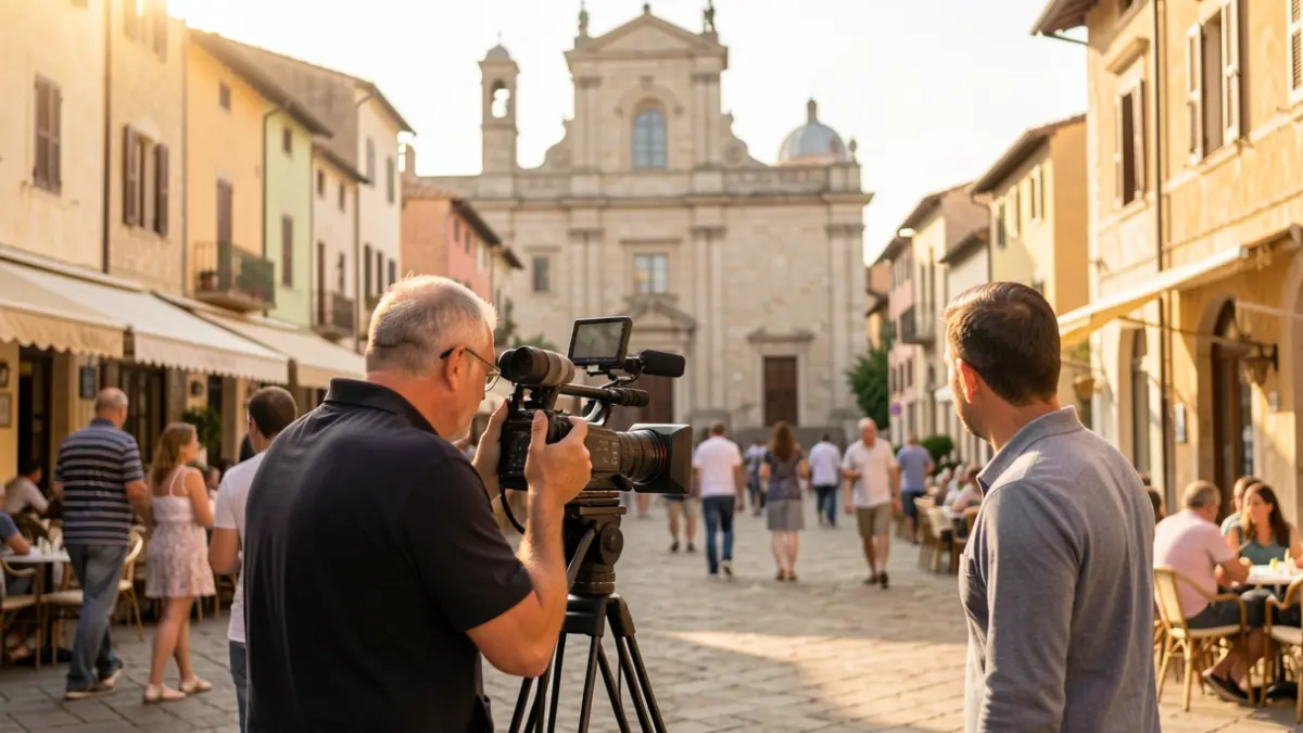 Generic image of a television crew filming in a public square in a Mediterranean city.