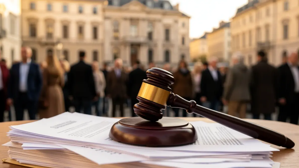 Generic image of a judge's gavel on legal documents in front of a city hall.