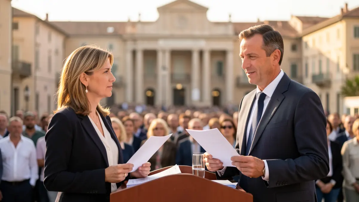 Generic image of two politicians in front of a city hall.